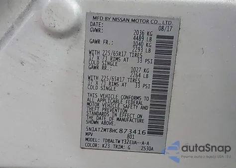 2017 Nissan Rogue Sv из США, поврежденный, VIN 5N1AT2MT8HC873416